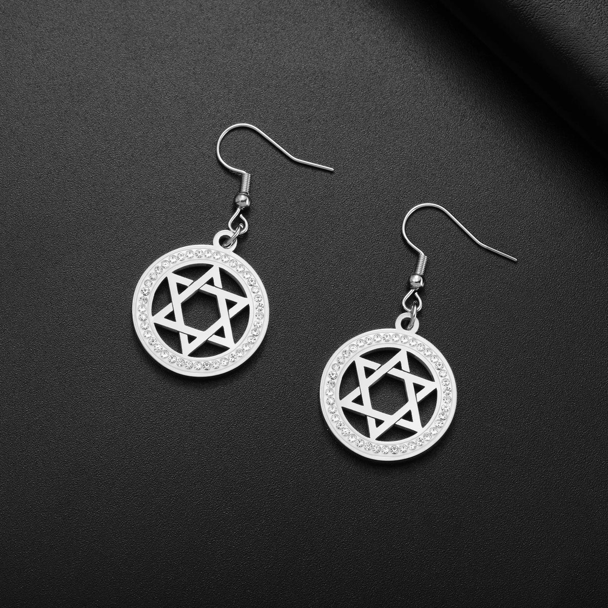 Aretes colgantes con la Estrella de David y cristales decorativos simbología judía plata