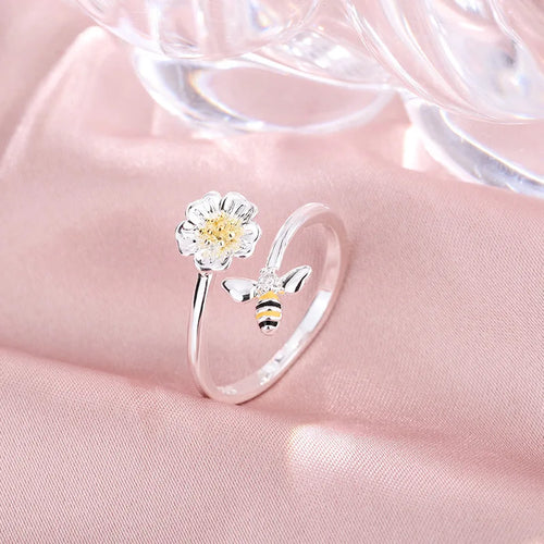 Anillo ajustable de abeja y flor