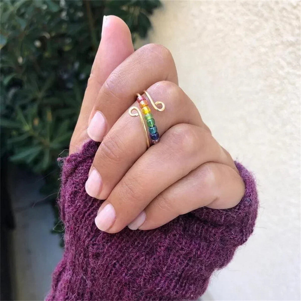 Anillo estilo bohemio anti-estrés con perlas giratorias oro