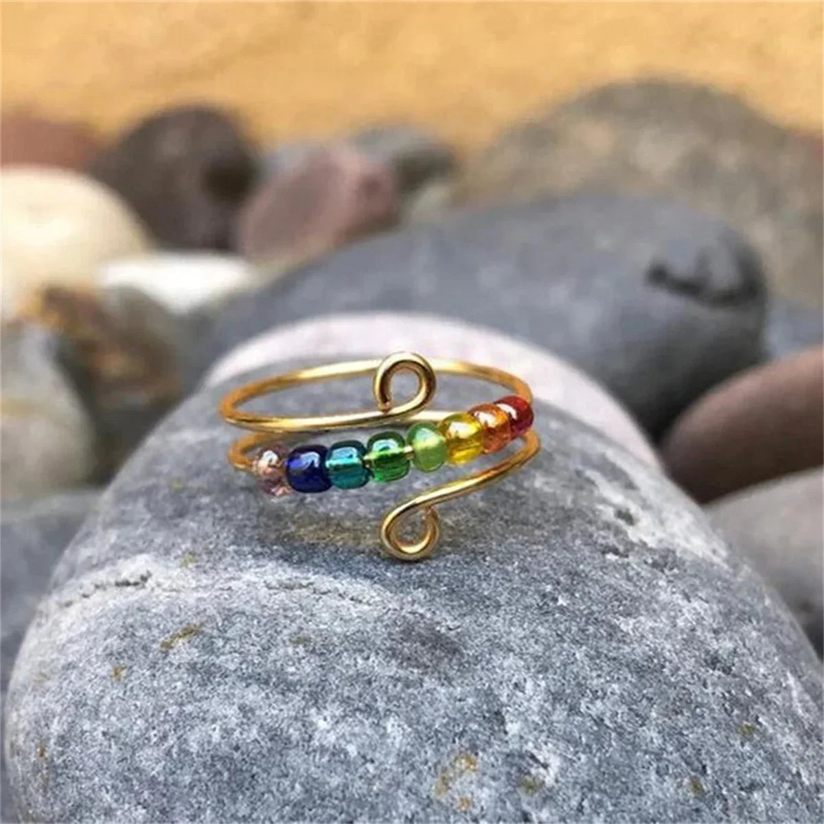 Anillo estilo bohemio anti-estrés con perlas giratorias oro