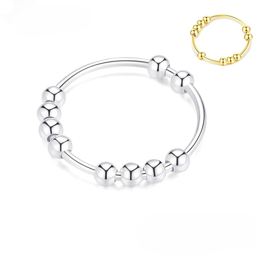 Anillo Anti-Estrés con Perlas Giratorias para Hombre o Mujer en plata