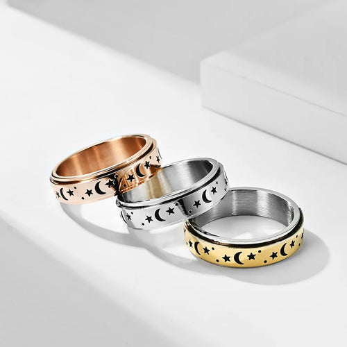 Anillo Antiestrés Giratorio Estrellas y Lunas plata
