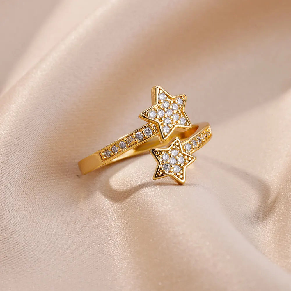 Anillo Doble Estrellas con Circonio en Oro