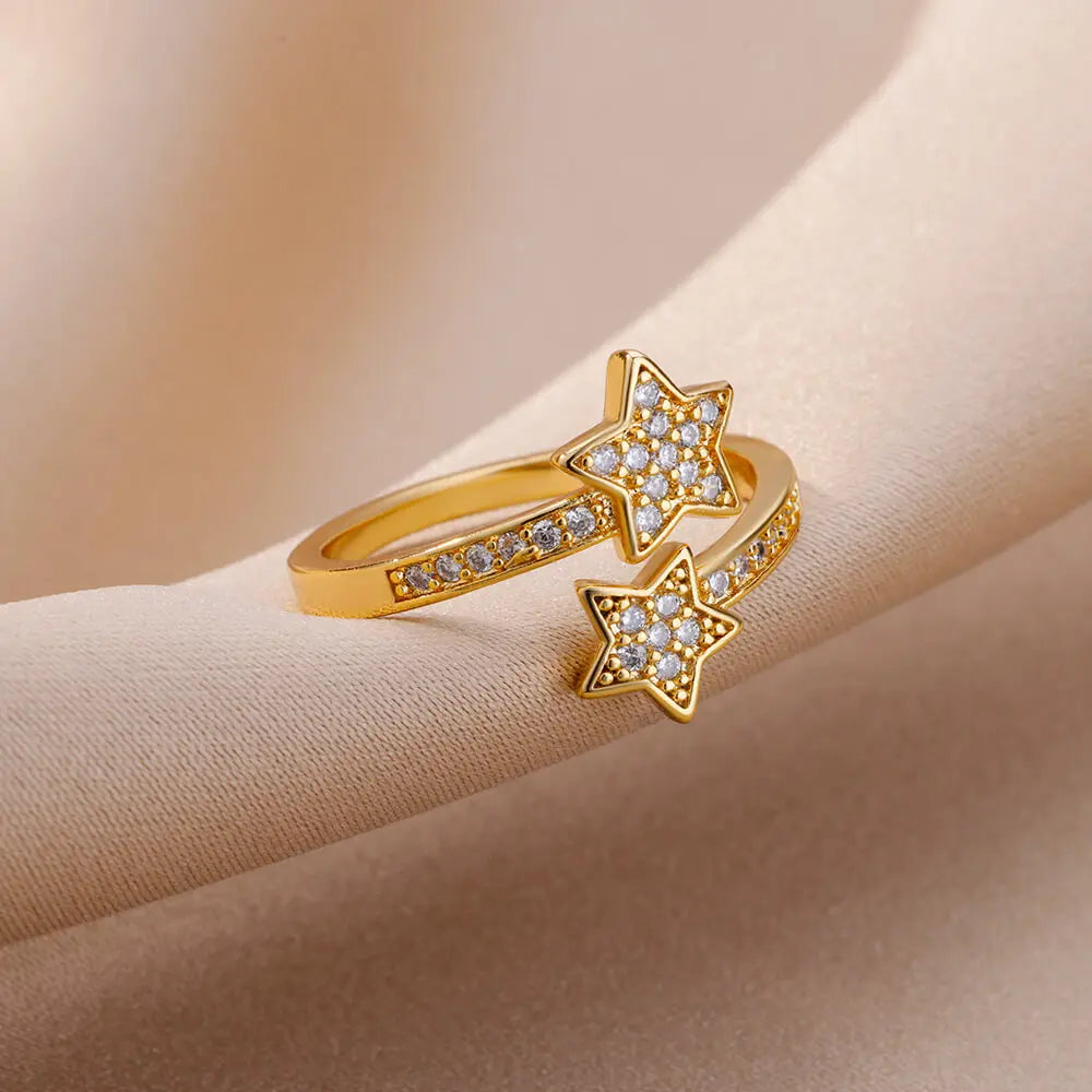 Anillo Doble Estrellas con Circonio en Oro