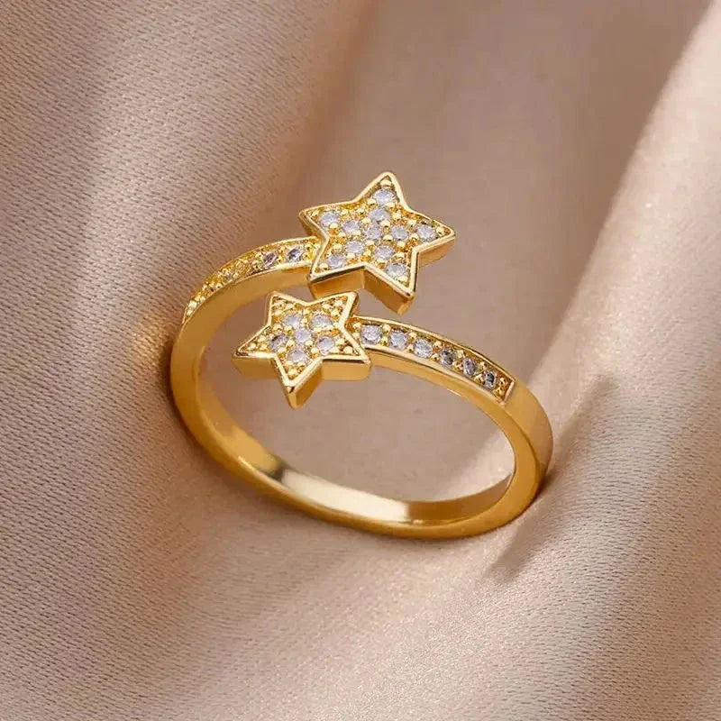 Anillo Doble Estrellas con Circonio en Oro