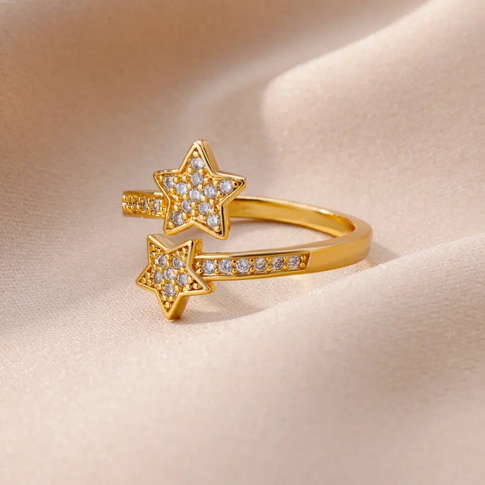 Anillo Doble Estrellas con Circonio en Oro