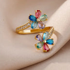 Anillo con Flores de Colores en Circonio Oro