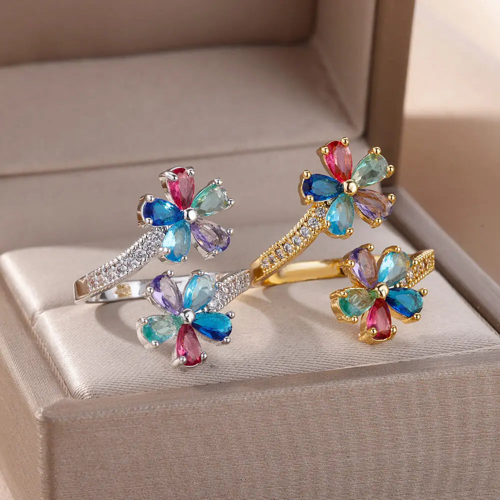 Anillo con Flores de Colores en Circonio Plata