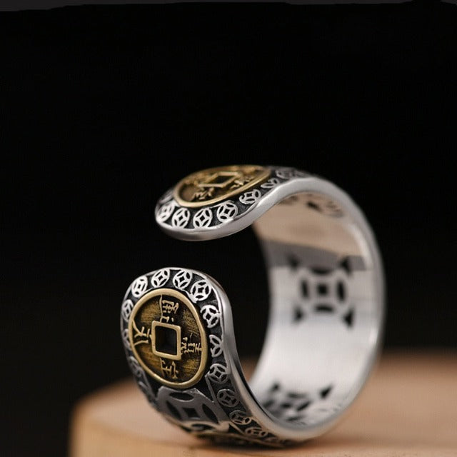 Anillo Budista Tibetano Hombre Mujer Sello Anillo Oro y plata