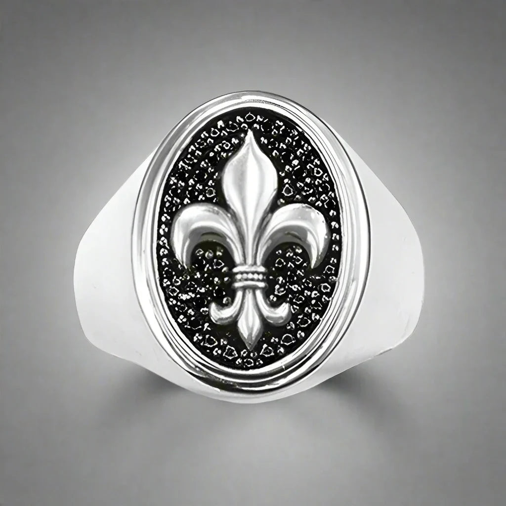 Anillo de sello Flor de Lis de plata