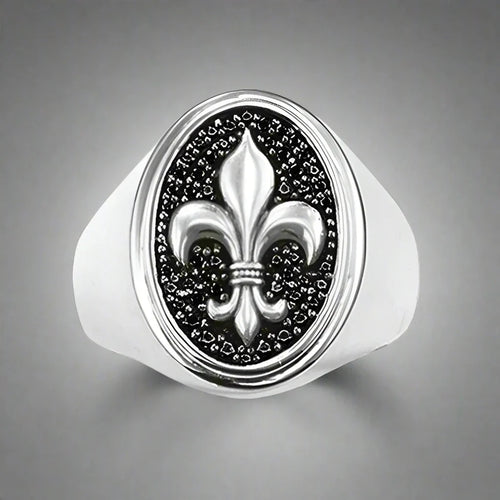 Anillo de sello Flor de Lis de plata