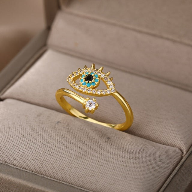 Anillo de Diamante contra el Mal de Ojo Azul Griego Turco Matiasma Mataki oro
