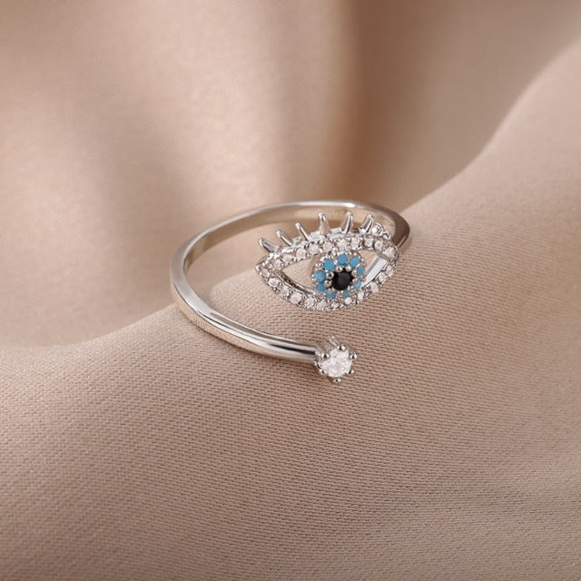 Anillo de Diamante contra el Mal de Ojo Azul Griego Turco Matiasma Mataki Plata