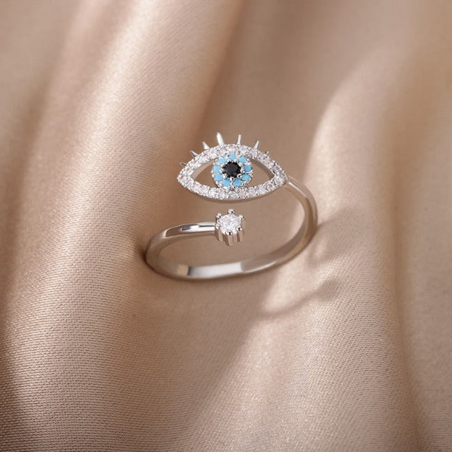 Anillo de Diamante contra el Mal de Ojo Azul Griego Turco Matiasma Mataki Plata
