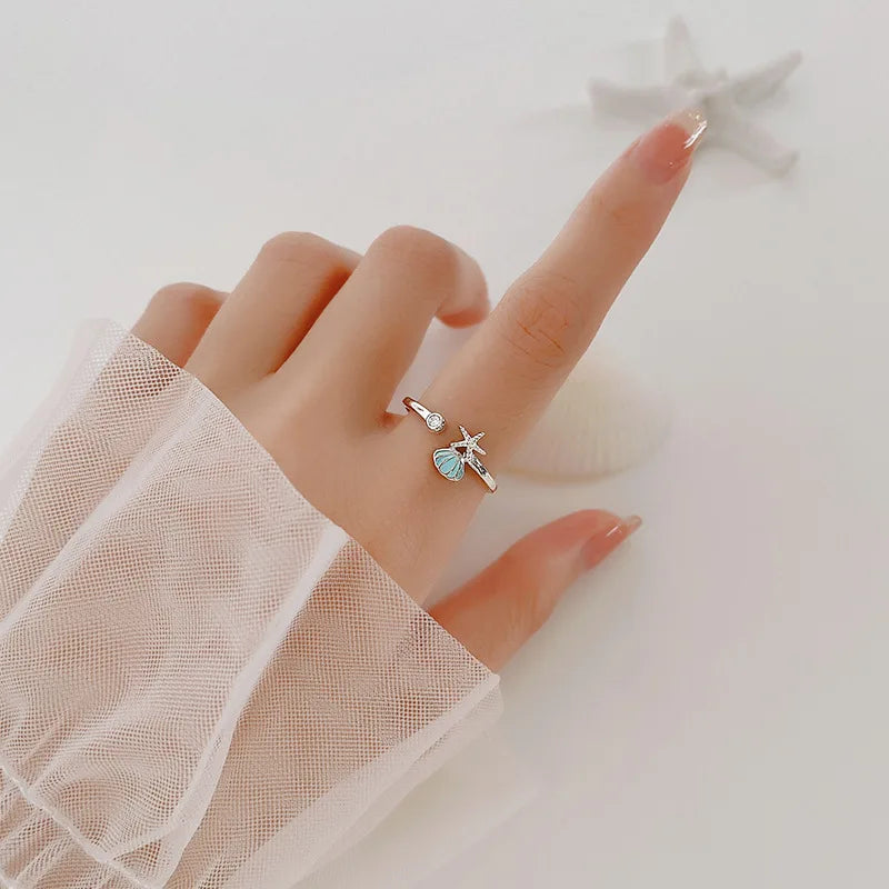 Anillo Conchas Estrella de Mar y Concha de Vieira con Circonio en plata