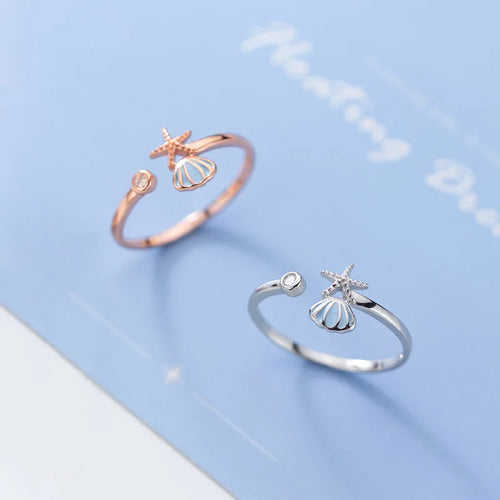 Anillo Conchas Estrella de Mar y Concha de Vieira con Circonio en oro rosa