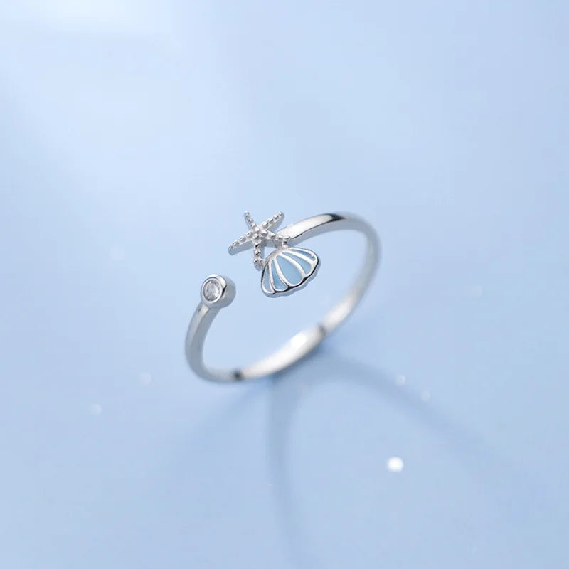 Anillo Conchas Estrella de Mar y Concha de Vieira con Circonio en plata
