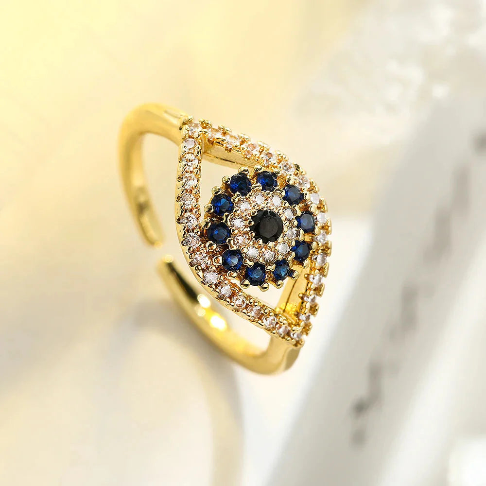 Anillo Ojo Turco Azul Zirconia en oro