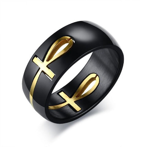 Anillo con Motivo de Cruz Egipcia negro y oro