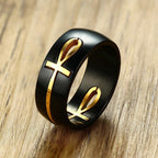 Anillo con Motivo de Cruz Egipcia Negro y Oro