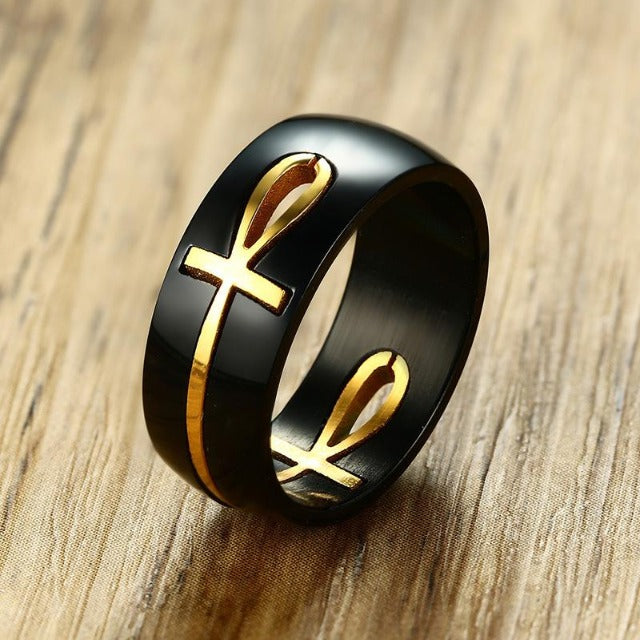 Anillo con Motivo de Cruz Egipcia Negro y Oro