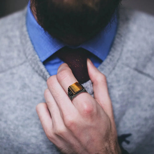Anillo Ojo de Tigre Hombre Piedra Cuadrada