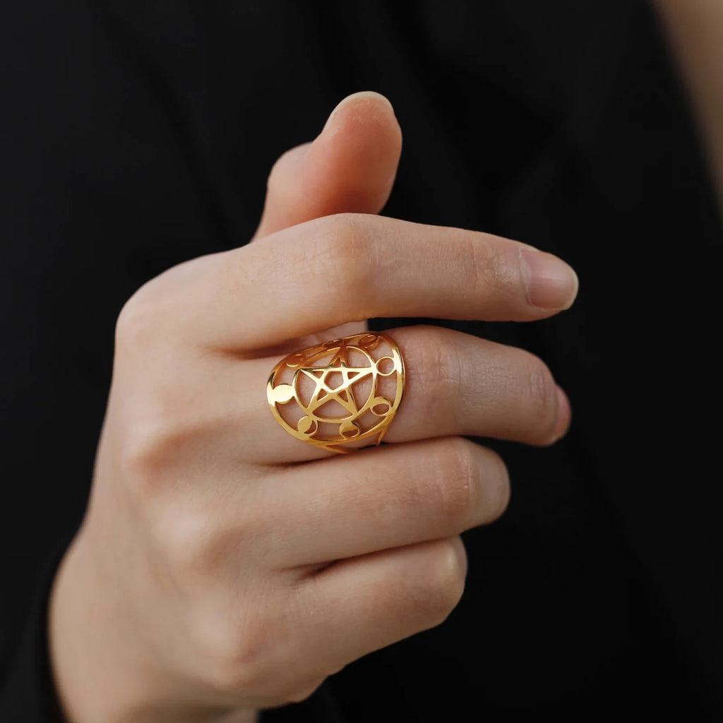 Anillo Pentáculo de Brujería Anillo Wicca oro