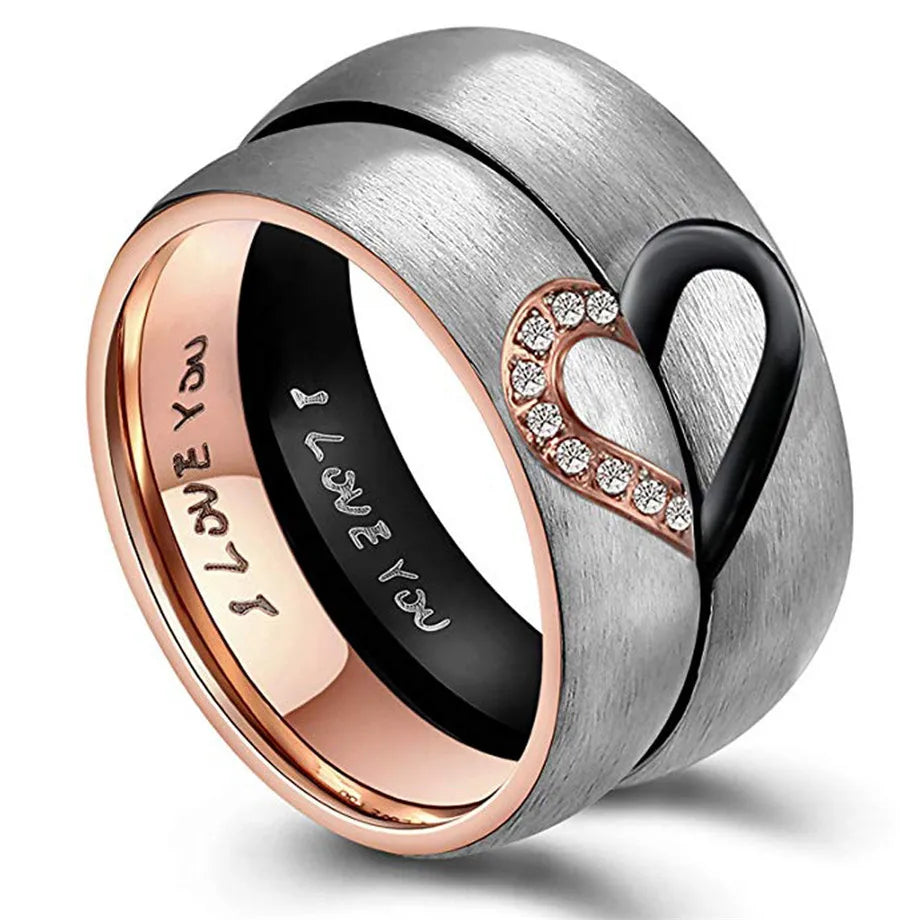 Anillo Prueba de Amor "I Love You" con Corazón Negro o Cristal rosa dorado
