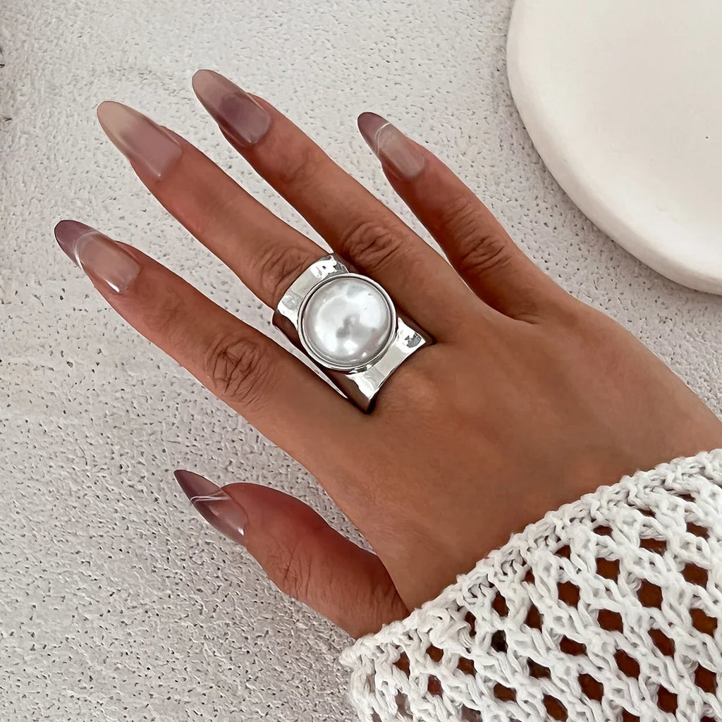 Anillo Retro para Mujer con Perla plateada