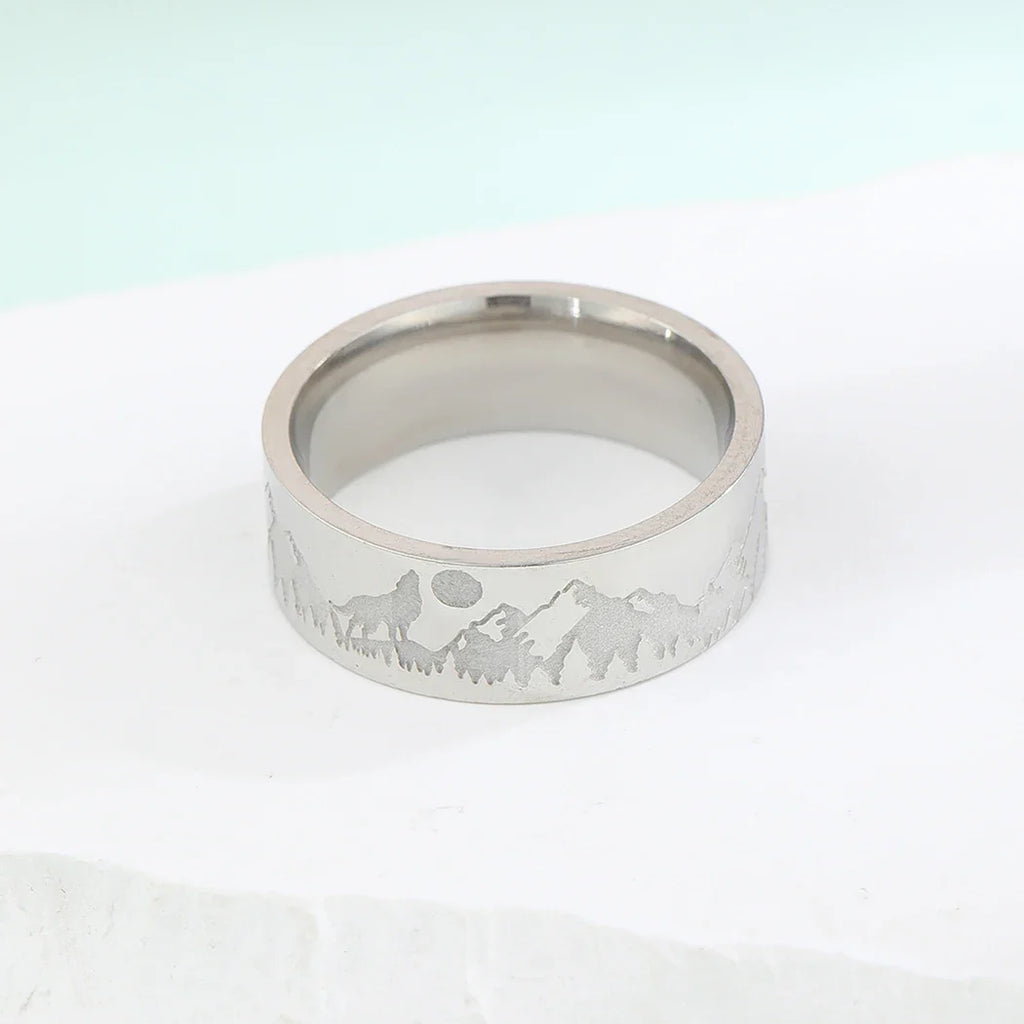 Anillo Retro Montañas León y Sol de plata