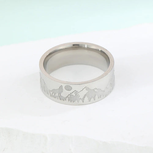 Anillo Retro Montañas León y Sol de plata