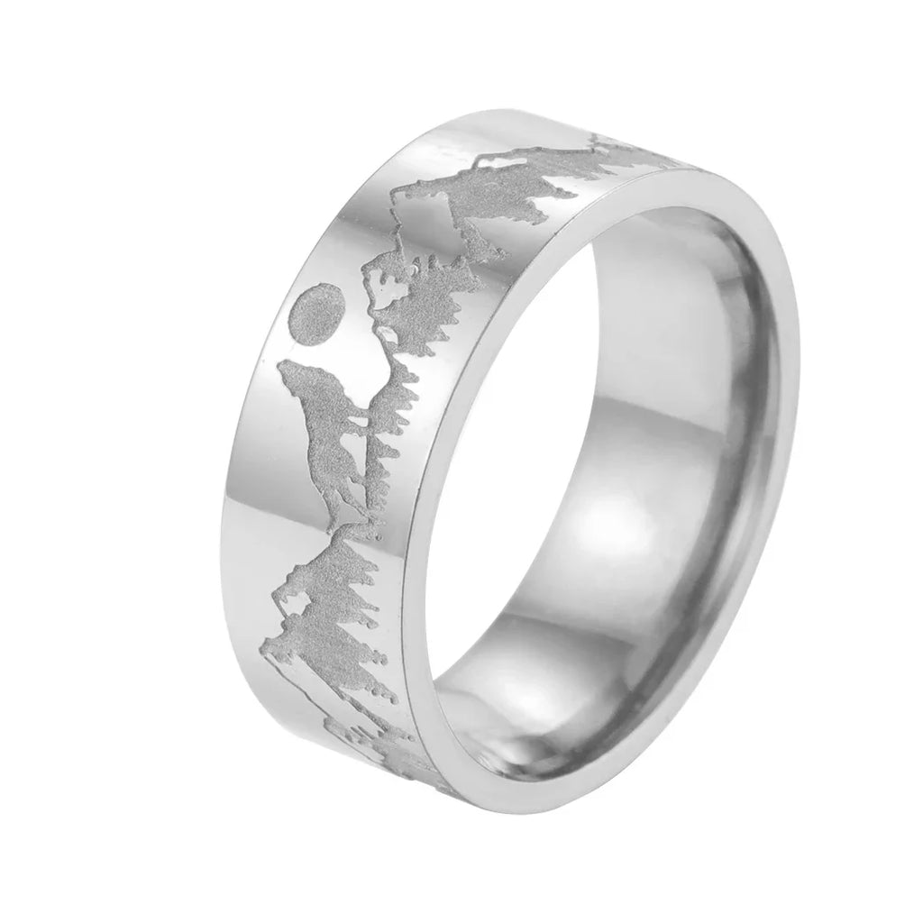 Anillo Retro Montañas León y Sol de plata
