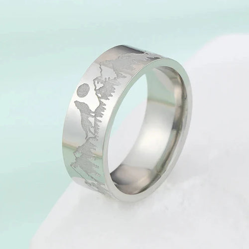 Anillo Retro Montañas León y Sol de plata