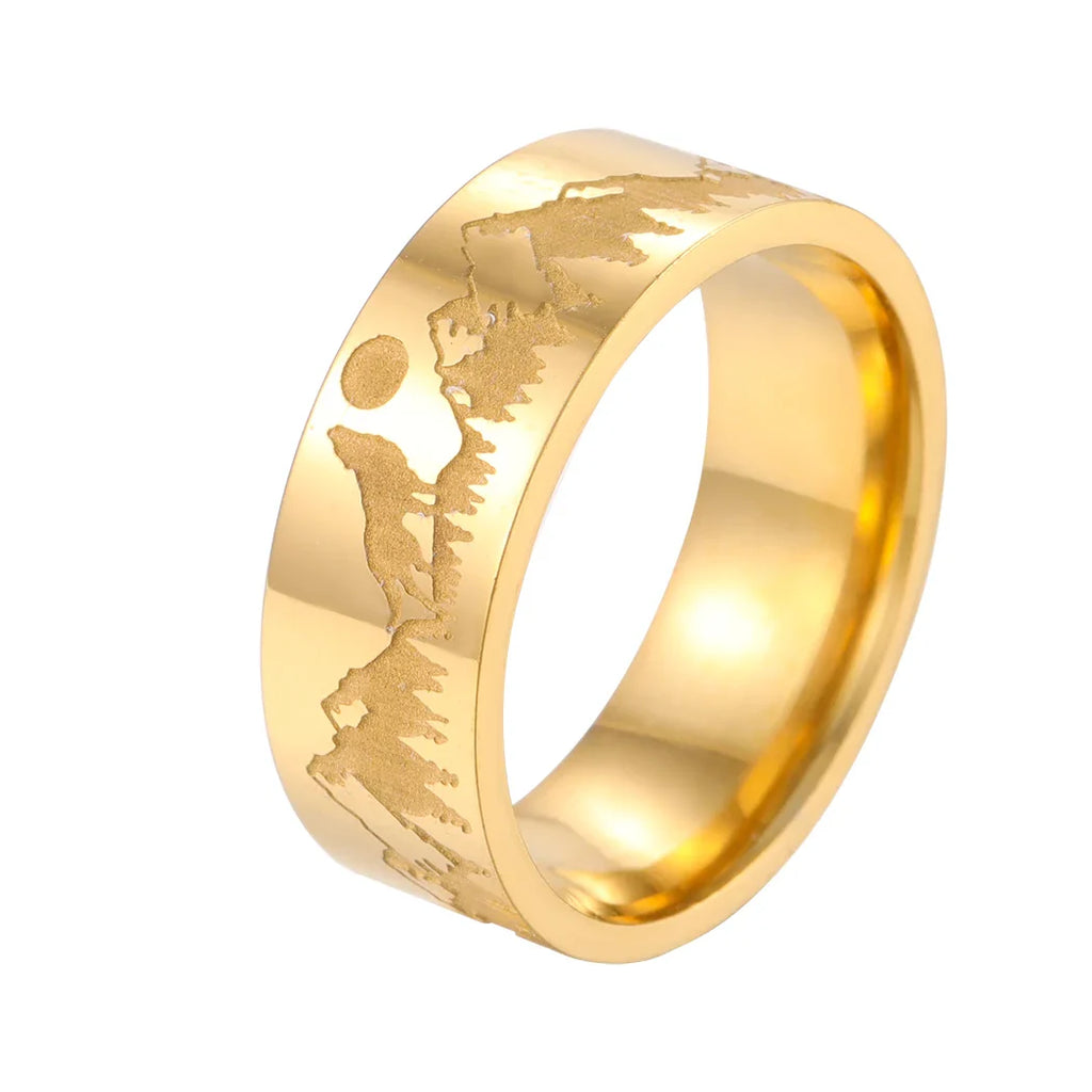 Anillo Retro Montañas León y Sol de oro