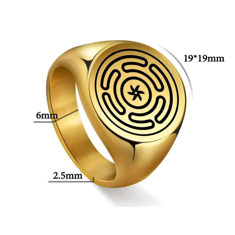 Anillo Rueda de Hécate Strophalos Brujería Wicca oro