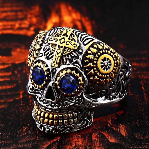 Anillo Calavera Mexicana ojos azules