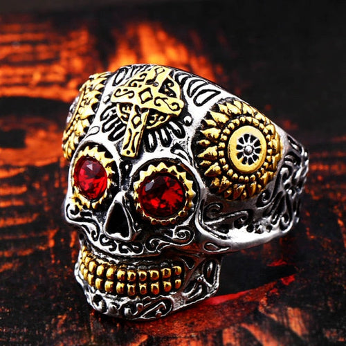 Anillo Calavera Mexicana ojos rojos