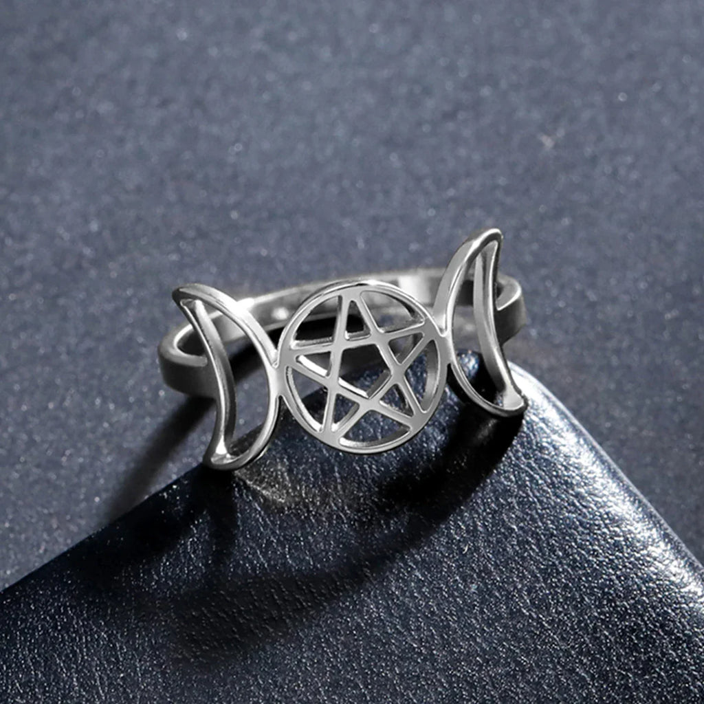 Anillo Triple Luna Fina Brujería Mujer Wicca plata B