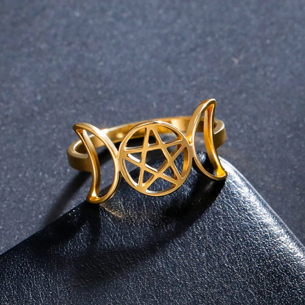 Anillo Triple Luna Fina Brujería Mujer Wicca oro B