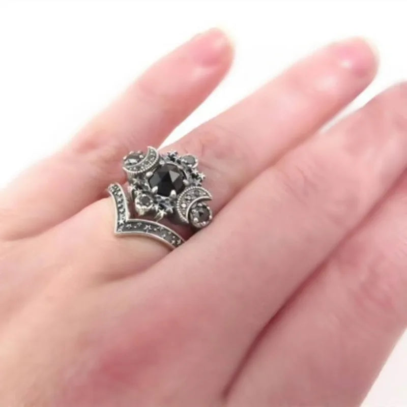 Anillo Triple Luna Brujería Mujer Wicca negro