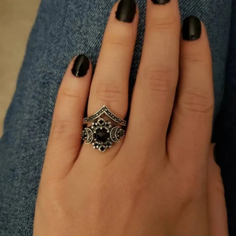 Anillo Triple Luna Brujería Mujer Wicca negro