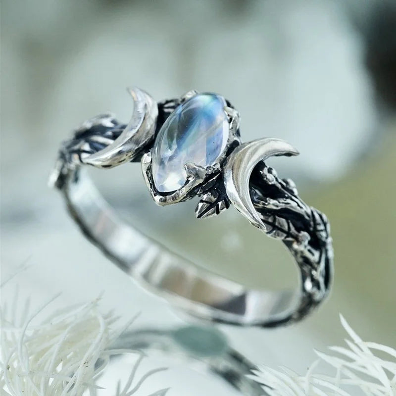 Anillo Triple Luna Hechicería Mujer Wicca Piedra