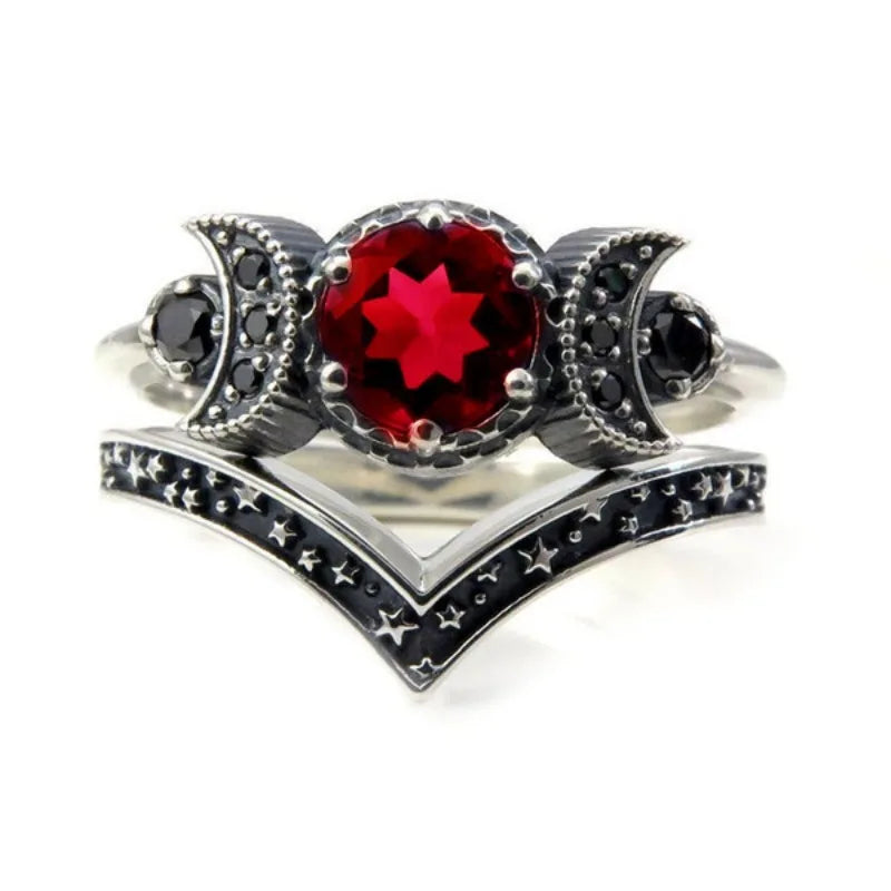 Anillo Triple Luna Brujería Mujer Wicca rojo