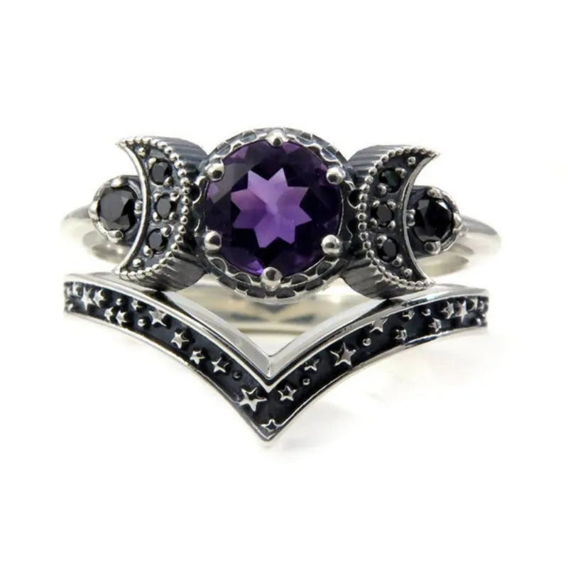 Anillo Triple Luna Brujería Mujer Wicca violeta