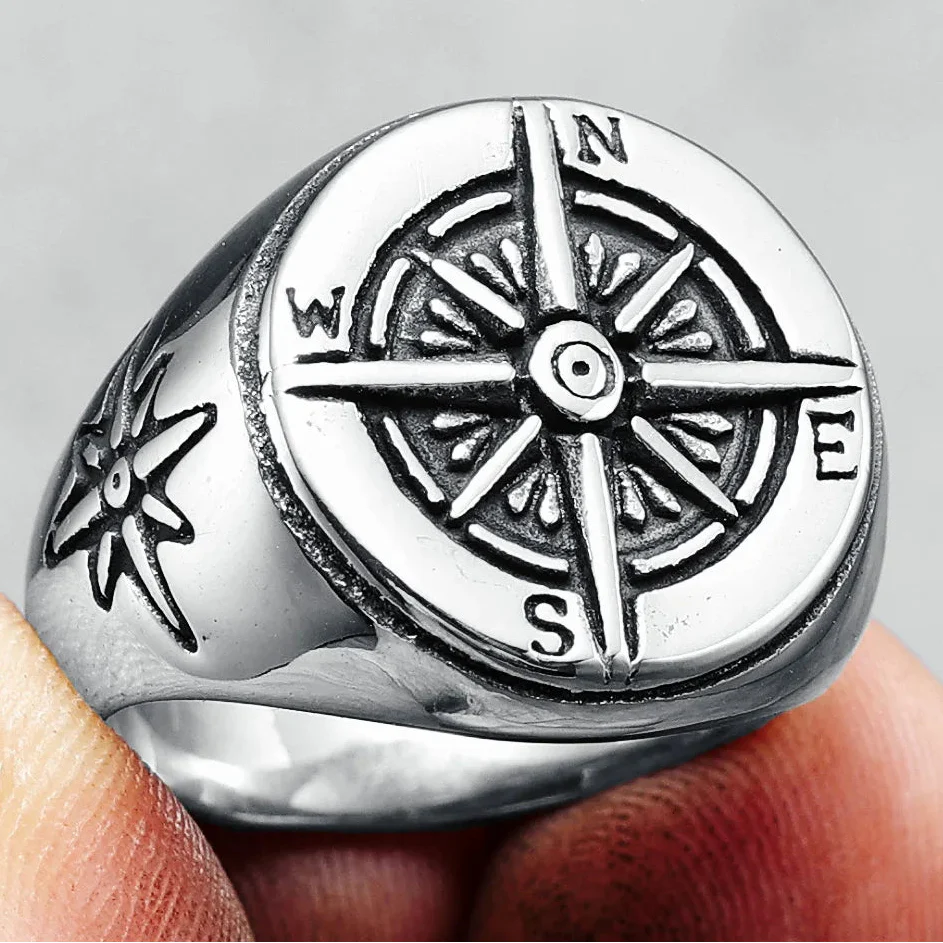 Anillo Vintage Brújula Rosa de los Vientos para Hombre plata