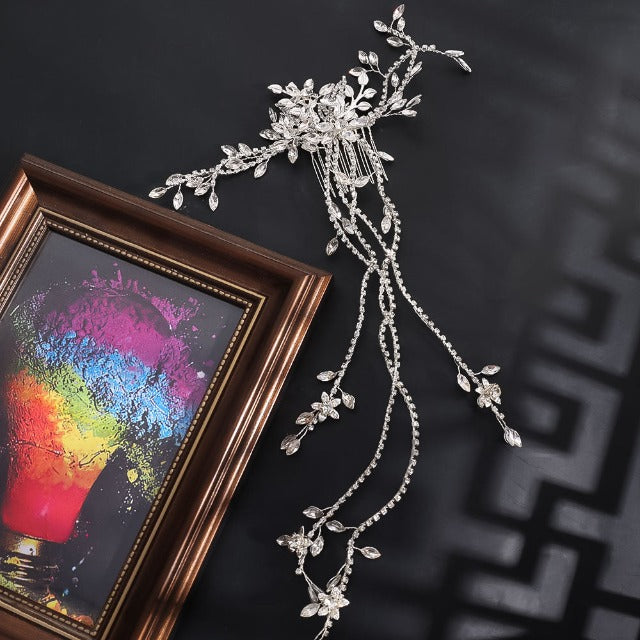 Pasador para el Cabello de Boda con Flores y Diamantes en Plata