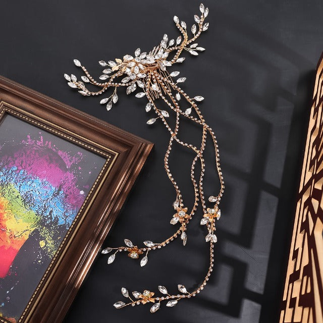 Pasador para el Cabello de Boda con Flores y Diamantes en Oro