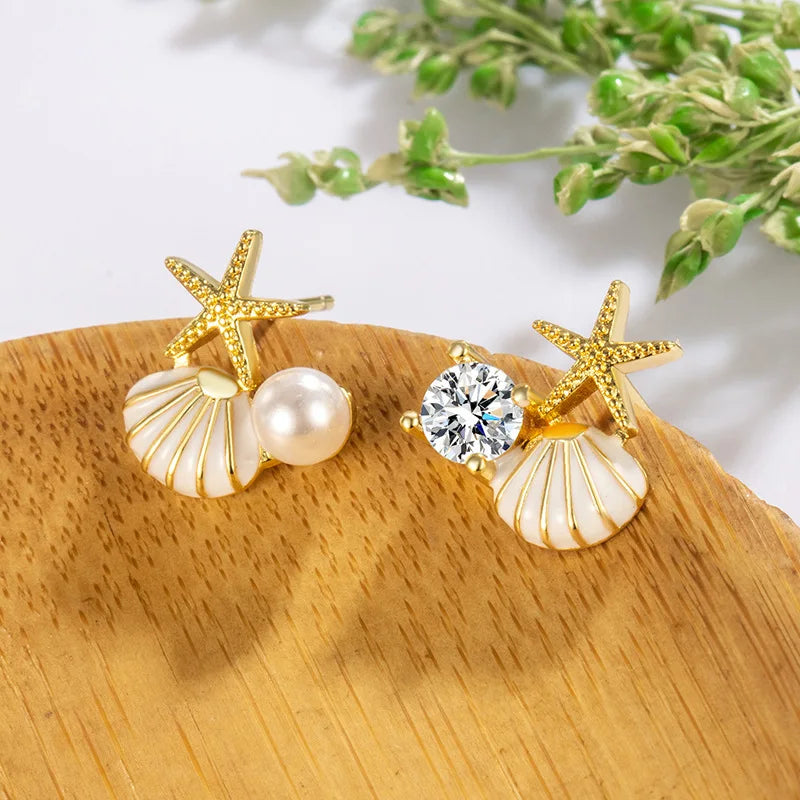 Aretes de Botón con Conchas y Perla