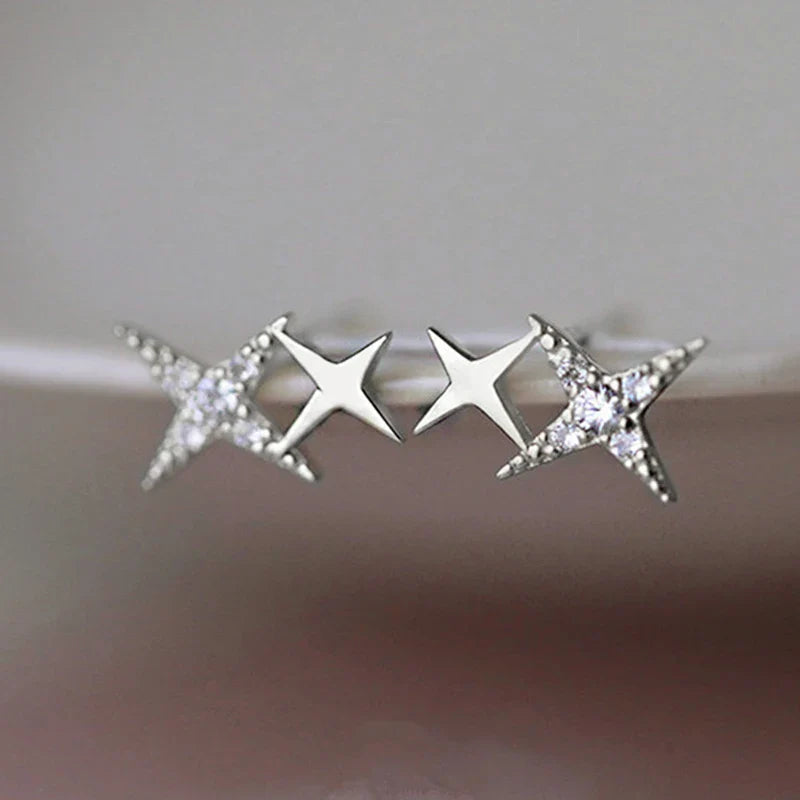 Aretes de Doble Estrella con Circonita en Plata