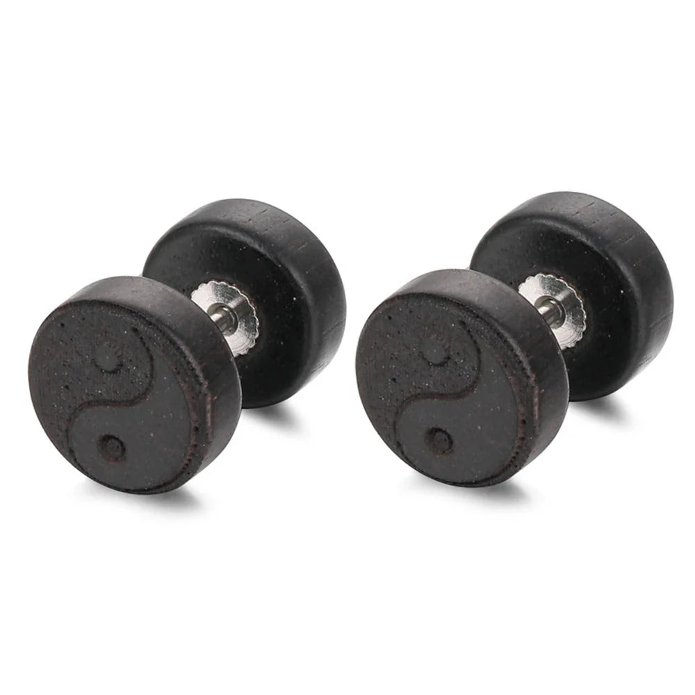 Aretes de botón de madera Yin Yang negro